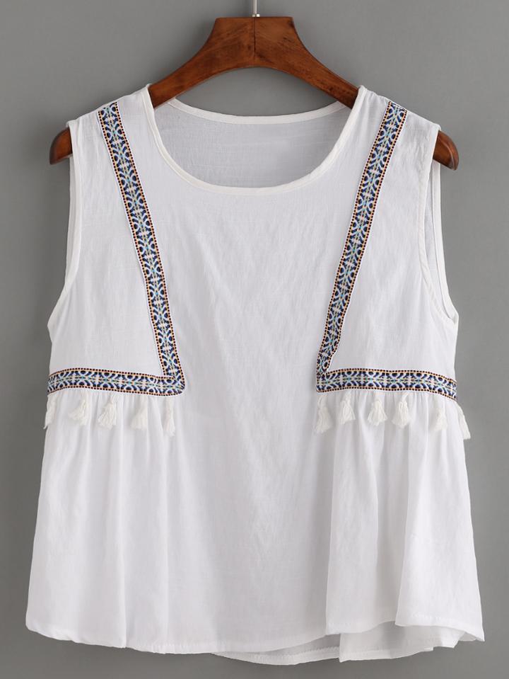 Romwe White Sleeveless Top With Embroidered Tape And Tassel Detail
