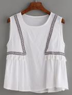 Romwe White Sleeveless Top With Embroidered Tape And Tassel Detail