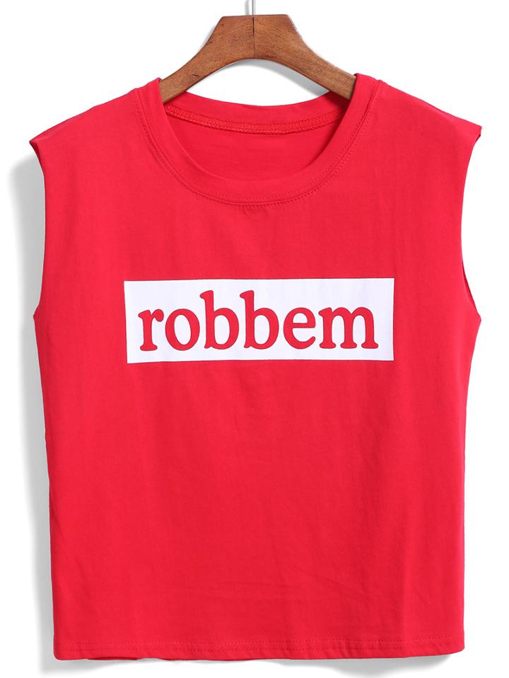 Romwe Letter Print Red Tank Top