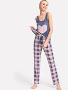 Romwe Heart Print Tank & Plaid Pants Pj Set