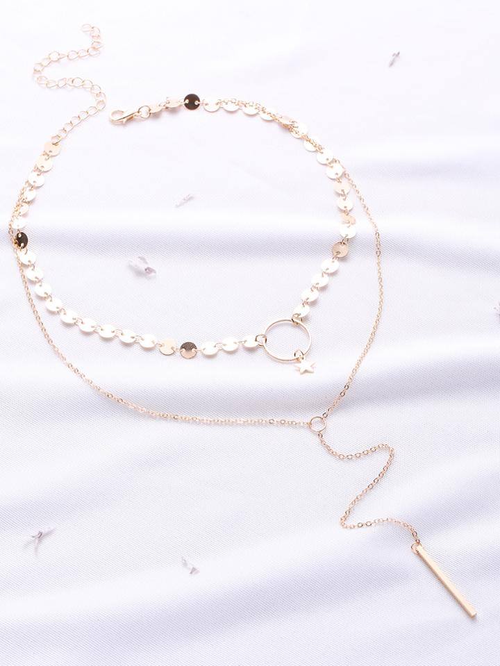 Romwe Gold Sequin Design Bar Pendant Double Chain Necklace