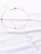 Romwe Gold Sequin Design Bar Pendant Double Chain Necklace