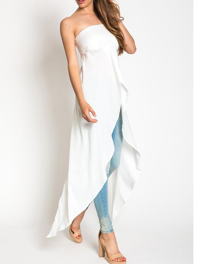 Romwe White Strapless Split Chiffon Beach Dress