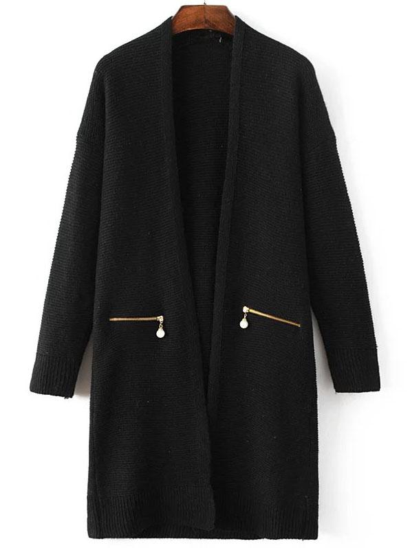 Romwe Black Ribbed Trim Zipper Pocket Long Sweater Coat
