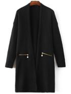 Romwe Black Ribbed Trim Zipper Pocket Long Sweater Coat