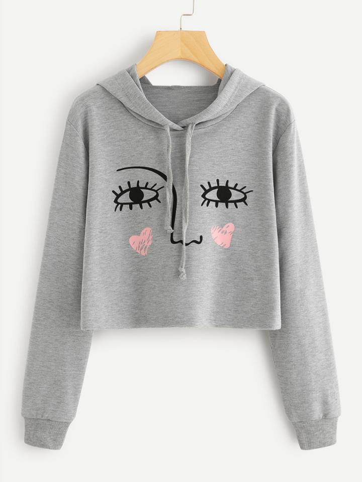 Romwe Face Print Drawstring Crop Hoodie