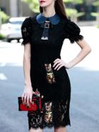 Romwe Black Tie Neck Cat Applique Pouf Lace Dress