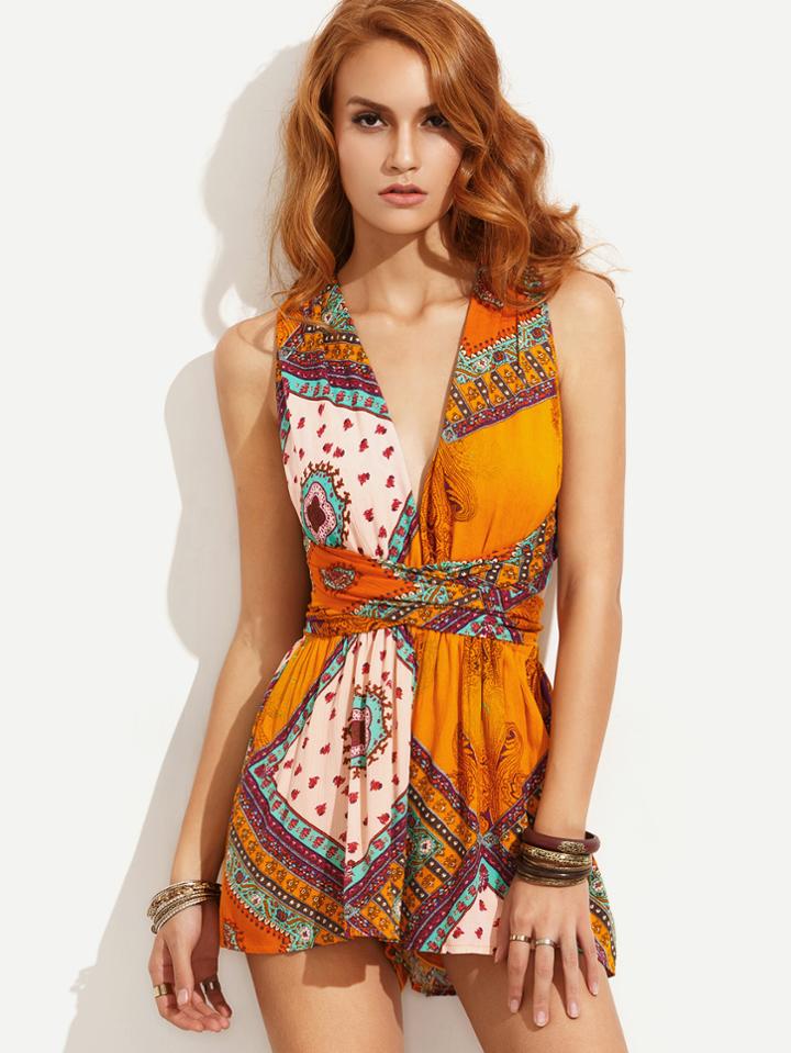 Romwe Orange Tribal Print Deep V Neck Cross Wrap Romper