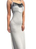 Romwe Grey Jersey Cami Dress With Ombre Fringe