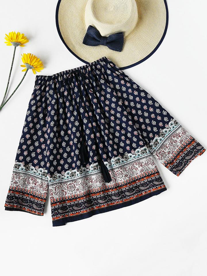 Romwe Bardot Aztec Print Drawstring Neck Blouse