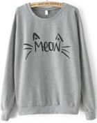 Romwe Meow Cat Print Loose Grey Sweatshirt
