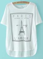 Romwe White Eiffel Tower Print Dip Hem T-shirt