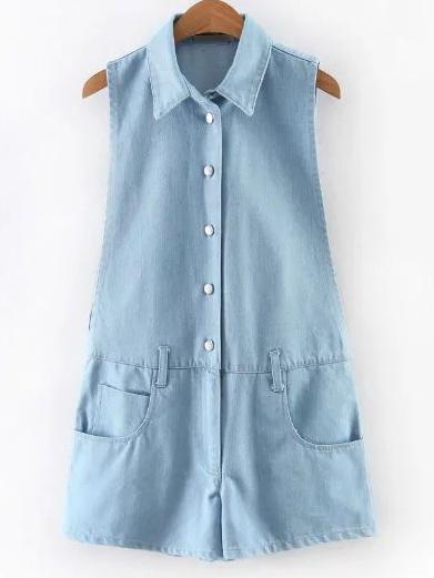 Romwe Light Blue Sleeveless Lapel Printed Button Zipper Jumpsuit