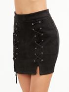 Romwe Black Suede Slit Lace Up Bodycon Skirt With Zipper