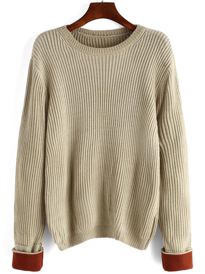 Romwe Women Contrast Cuff Apricot Sweater