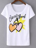 Romwe White Short Sleeve Hearts Letters Print T-shirt