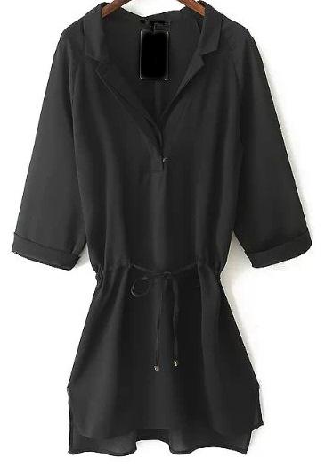 Romwe V Neck Drawstring Black Long Blouse