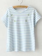 Romwe Blue Short Sleeve Flowers Embroidery Stripe T-shirt