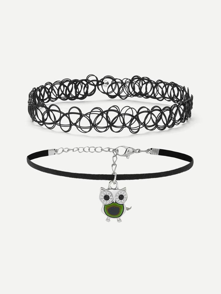 Romwe Hollow & Owl Charm Design Choker Set