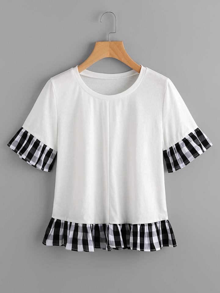 Romwe Contrast Check Frill Hem Tee