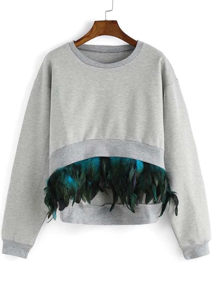 Romwe Grey Round Neck Feather Embellished Dip Hem Sweatshirt