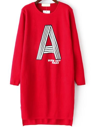Romwe Letter Print Dip Hem Red Sweater Dress