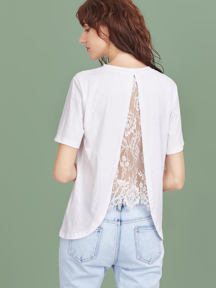 Romwe White Lace Insert Split Back T-shirt