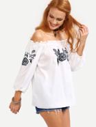 Romwe Off-the-shoulder Flower Embroidered Blouse - White