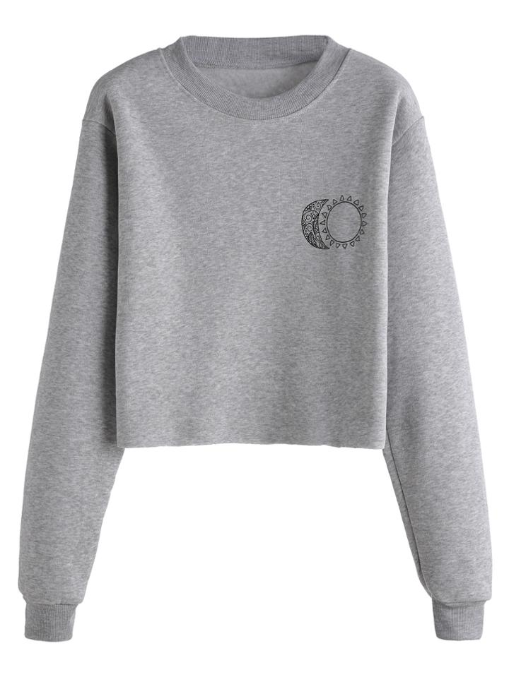 Romwe Grey Sun Moon Print Long Sleeve Sweatshirt