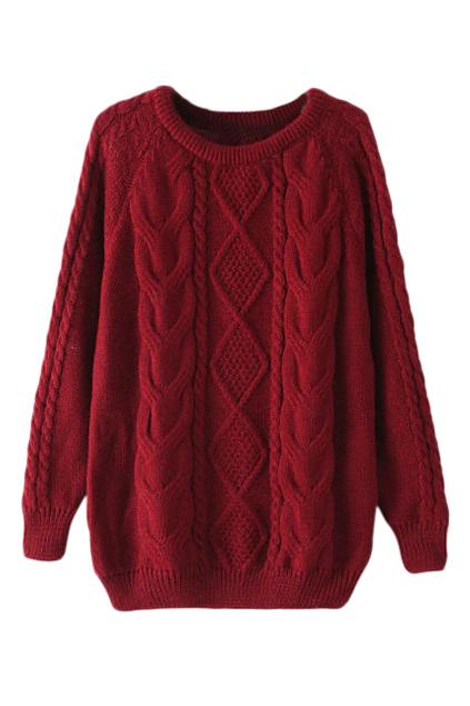 Romwe Twist Pattern Knitted Red Jumper
