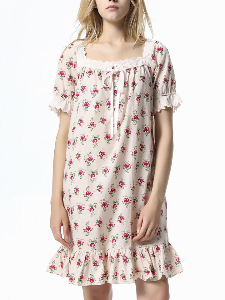 Romwe Embroidered Lace Trim Ruffle Hem Calico Print Dress