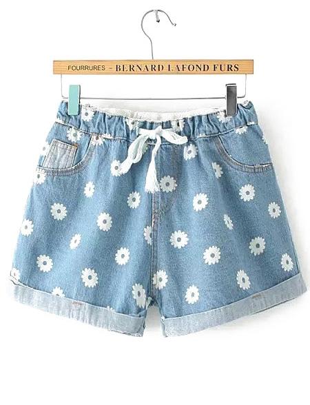 Romwe Drawstring Cuffed Flower Print Blue Denim Shorts