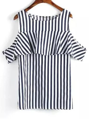 Romwe Multicolor Ruffle Cuff Cold Shoulder Striped Blouse