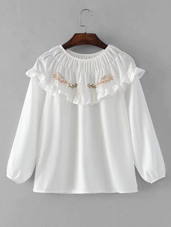Romwe Ruffle Trim Embroidery Blouse
