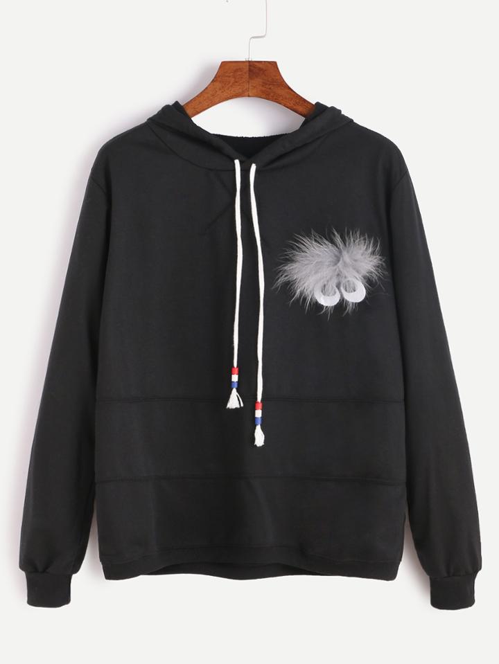 Romwe Faux Fur And Cartoon Eyes Embellished Drawstring Hooded Sweatshirt