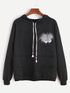 Romwe Faux Fur And Cartoon Eyes Embellished Drawstring Hooded Sweatshirt