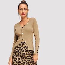 Romwe Buttoned Trim Ribbed Knit Sweater