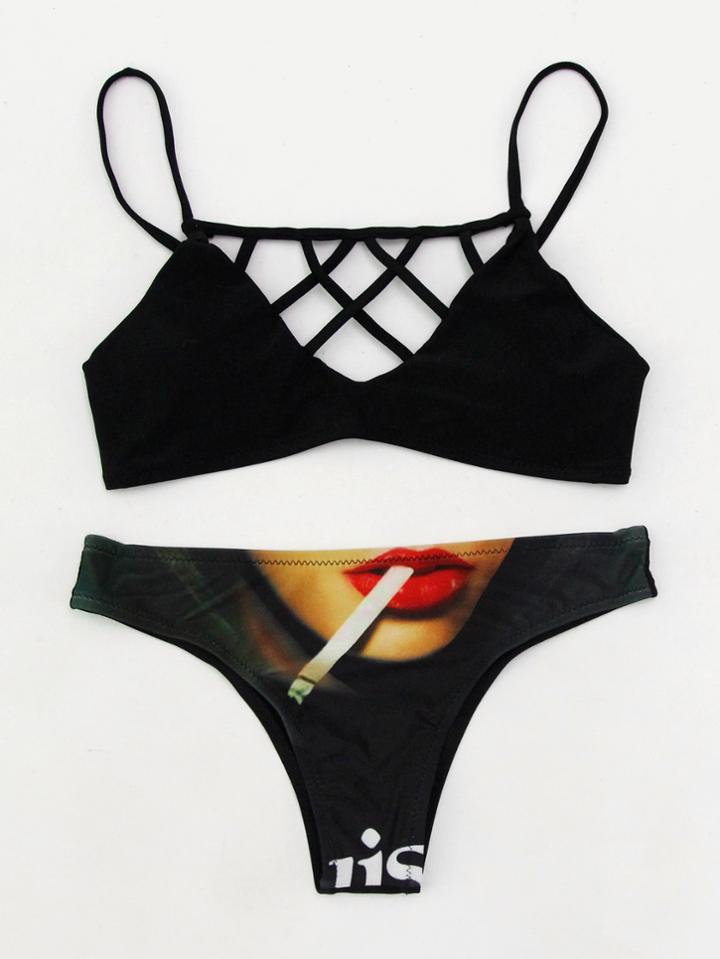 Romwe Graphic Print Lattice Bikini Set
