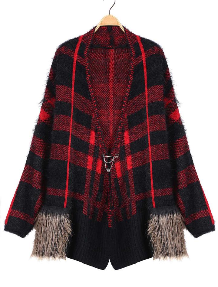 Romwe Check Print Faux Fur Pockets Cardigan
