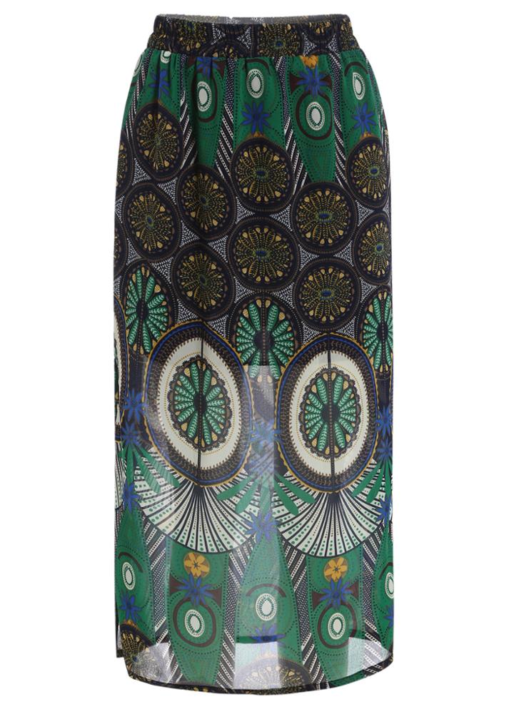 Romwe Elastic Waist Tribal Print Chiffon Green Skirt