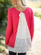Romwe Contrast Lace Bow Rose Red Blouse
