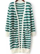 Romwe Striped Open-knit Slit Green Cardigan