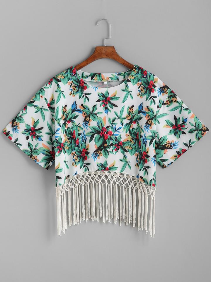 Romwe Green Printed Tassel Hemline Batwing Top