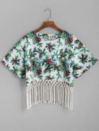 Romwe Green Printed Tassel Hemline Batwing Top