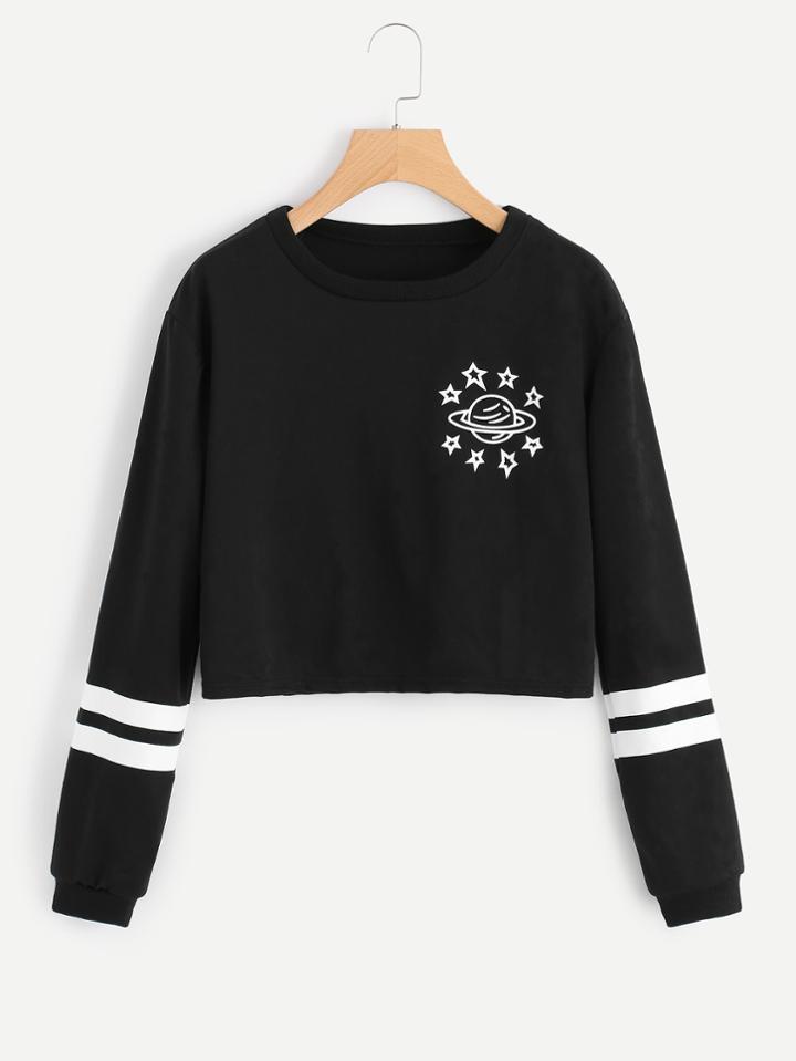 Romwe Planet Print Varsity Striped Sweatshirt