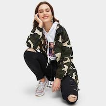Romwe Camo Print Drawstring Waist Hooded Jacket