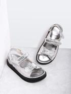 Romwe Silver Velcro Strap Pu Flat Sandals