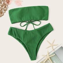 Romwe Lace-up Textured Bandeau Bikini Set
