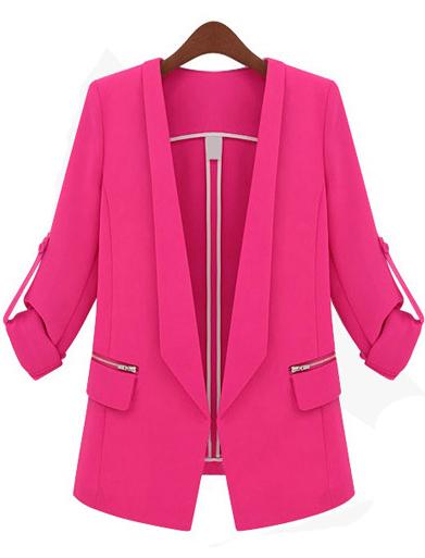 Romwe Lapel Zipper Pockets Rose Red Blazer