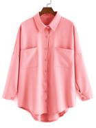 Romwe Dip Hem Lapel With Pockets Pink Blouse